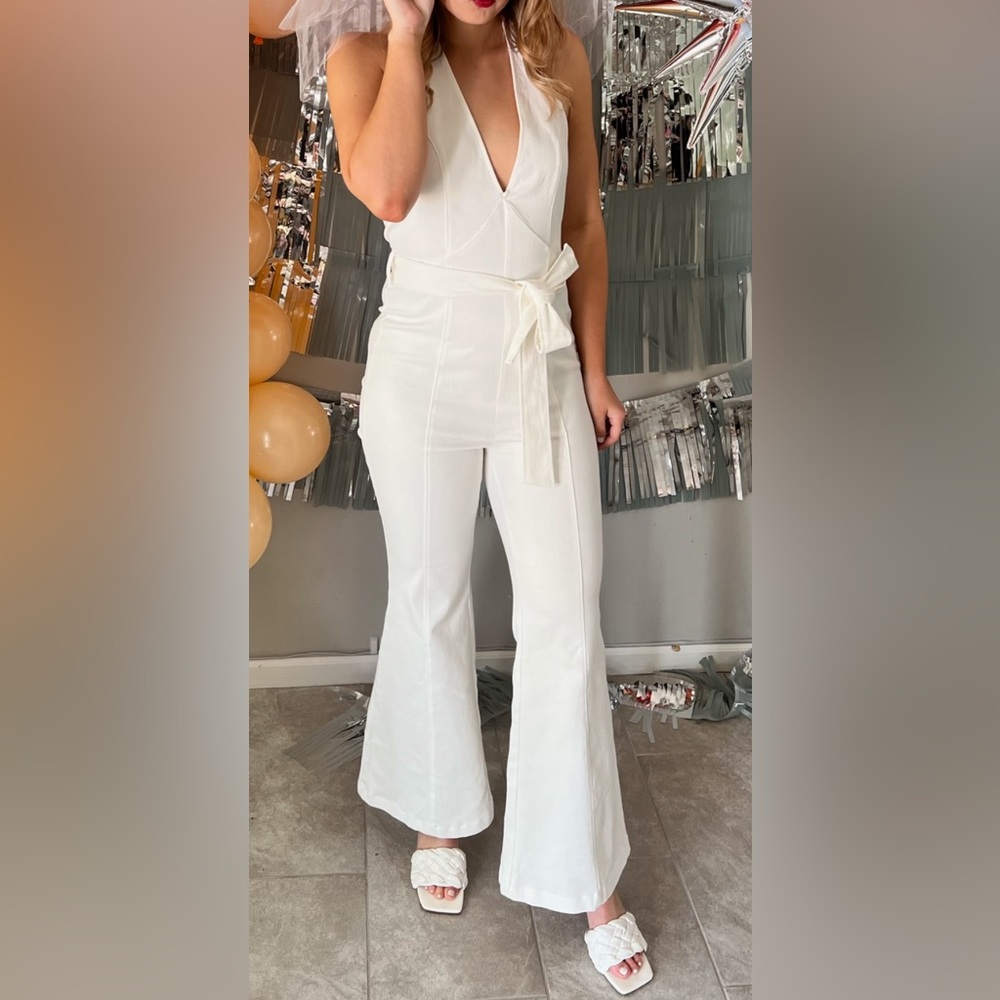 Flying Tomato halter style white denim jumpsuit